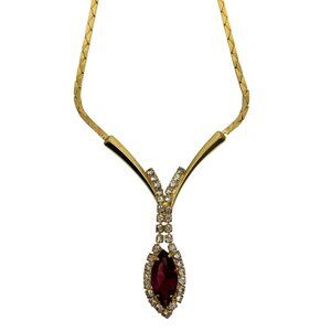 VTG Merlite Signed Gold Plated Herringbone Necklace CZs + Red Rhinestone 15"